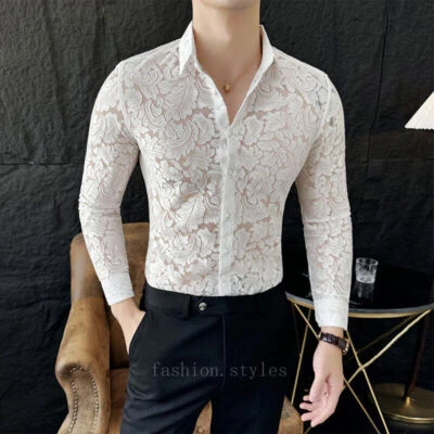 Lace Flower Shirt Men's Long-sleeved Handsome Hollow Shirt Business Casual Tops - Image 1 of 4