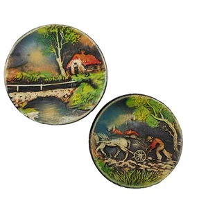 Folk Art Terracotta Wall Plate Red Clay Pottery Landscape Scene Hand Painted - Picture 1 of 12