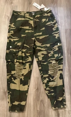 Boohoo Blue Womens PLUS Ripped Denim Cargo Jeans Khaki Camo Size 16 (US Size 12) - Image 1 of 4