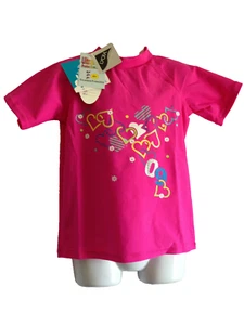 BNWT Girls Sz 2 Sun Star Brand Hot Pink Hearts Short Sleeve Rash Vest UPF 50+ - Picture 1 of 1
