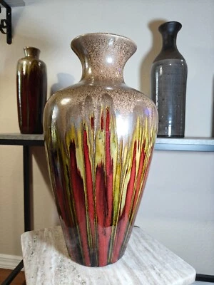 Pier 1 Imports Large Vase Burgundy Red Green Metallic Bronze Reactive Glaze - Image 1 of 4