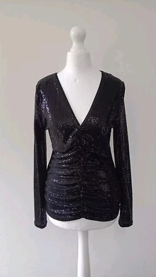 Next Womens Ruched Plunge Top V Neck Sequins Sparkle Black Size 8 RRP £38 - Image 1 of 4