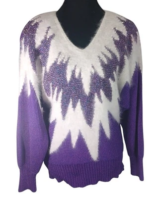 Suéter Vintage Años 80 Hollywood Lujo Púrpura Metálico Blanco Perlas de Angora M Foto 1 de 4