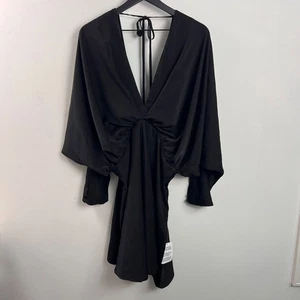 ASOS DESIGN Blouson Sleeve Satin Mini Dress With Open Tie Back Black Size 16 - Picture 1 of 6