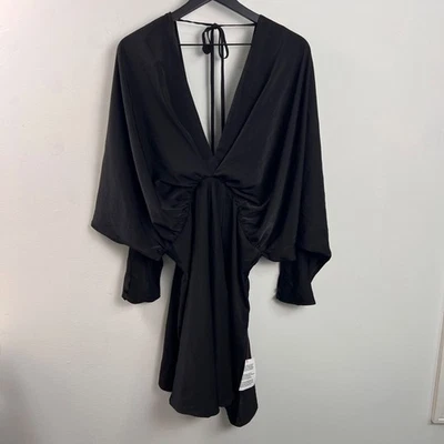 ASOS DESIGN Blouson Sleeve Satin Mini Dress With Open Tie Back Black Size 16 - Image 1 of 4