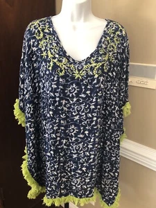Lucky & Coco Green & Blue Embroidered Kimono Swim Cover Up Small Fringe - Picture 1 of 3