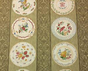 MOUNT VERNON HOSPITALITY BOTANICAL PALE GREEN BIRD PAINTED PLATES FABRIC BTY