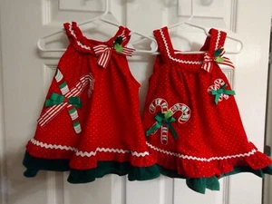 Christmas Dresses Twins Vintage Rare Edition Candy Canes Baby Girl's 3 M & 3-6 M - Picture 1 of 22