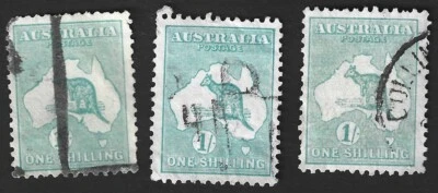 Australia 1927-30 Kangaroo 1sh blue green used x 3. SG 109 £33 - Imagem 1 de 2