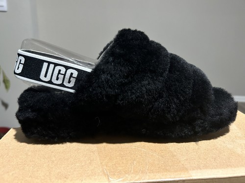 Scarpe sandali donna nuovi con scatola UGG Fluff Yeah logo slide taglia 7 neri ragazza