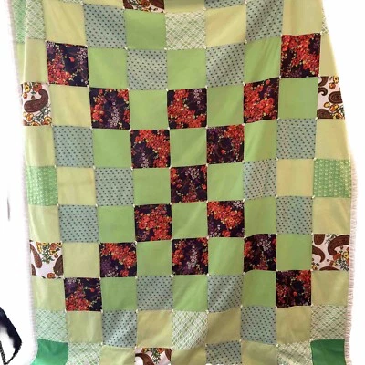 Edredón bloque retazos vintage años 60/70 poliéster hecho a mano 88" X 76" Foto 1 de 4