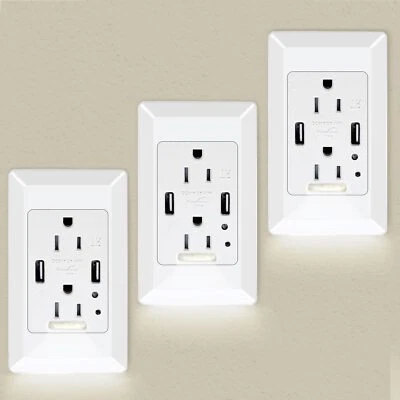 3× LED Night Light Wall Socket 2 USB Ports 2 AC Outlet Duplex Receptacle w/Cover - Image 1 of 4