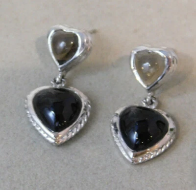 Onice Nera Fumoso Quarzo Argento Sterling Cuore Orecchini Trafitto 1h 90 - Immagine 1 di 4