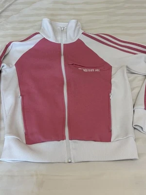 Adidas Original Deportivo Rosa Blanco Chaqueta de Pista Cremallera Completa 3 Rayas Mujer M Foto 1 de 4