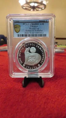 Turkey 1990 World Cup Italy Silver 20000 Lira REMUS & ROMULUS roman  PCGS PR68 - Image 1 of 4