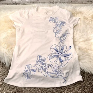 Athleta Medium White Floral Print Short Sleeve Jersey Tee Shirt Back Pouch - Picture 1 of 9