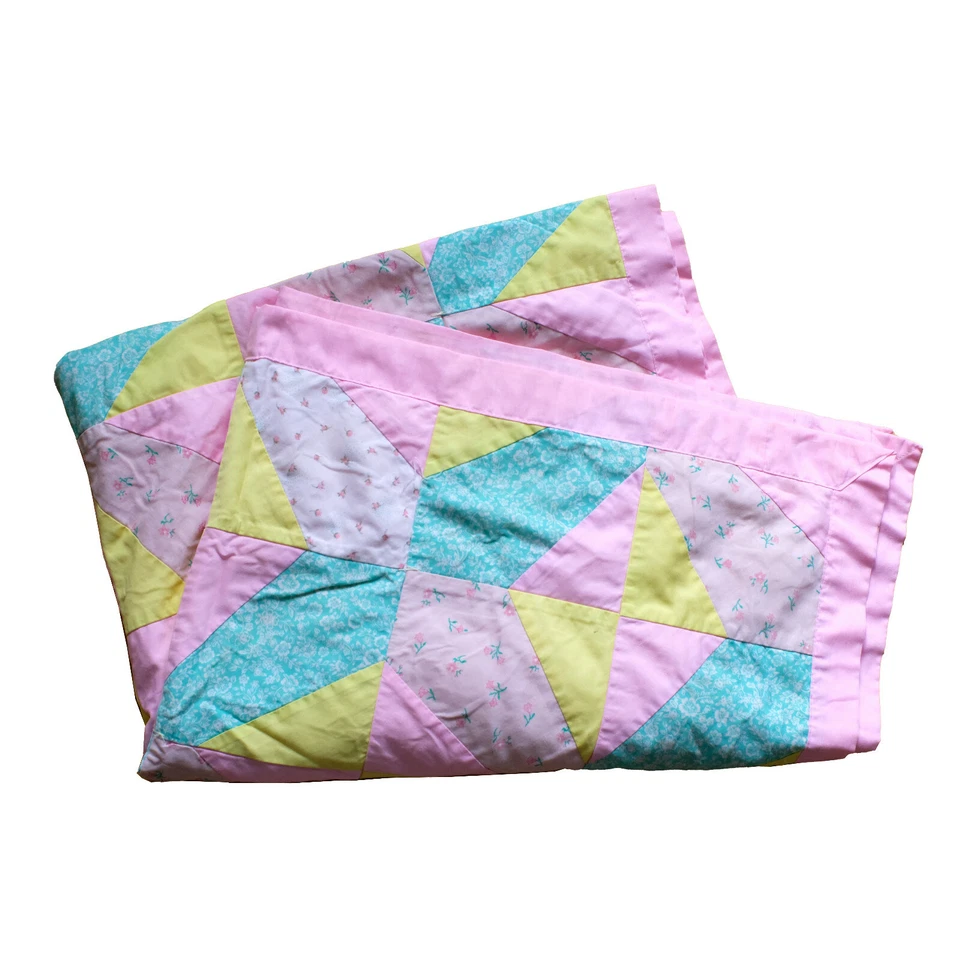 Quilt Patchwork Blanket Hand Made Pastel Colors Geometric Crib Picnic Sz Vintage - Image 1 of 4