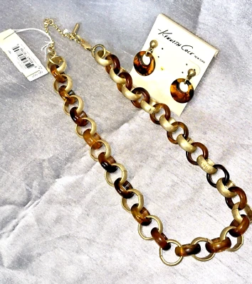 Kenneth Cole 项链金色玳瑁棕色圆形链接 + 耳环套装全新带标签 — 第 1/4 张图片