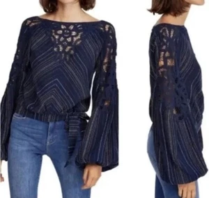 FREE PEOPLE Floating Memories Blouse Lace Panel Balloon Sleeves Size M Medium - Picture 1 of 7