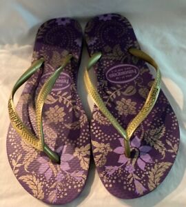 Havaianas USA 7.5 EUR 39/0 BRA 37-38 Purple Flowers & Gold Flip-Flops   #4626