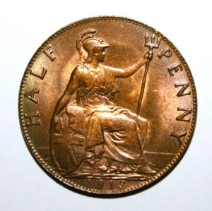 S8 - Great Britain 1/2 Penny 1913 Brilliant Uncirculated Copper Coin - George V - Picture 1 of 2