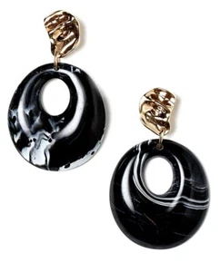 BLACK Oval Pendant DROP EARRINGS 5cm Large Lightweight GOLD Tone Irregular Disc - Picture 1 of 5