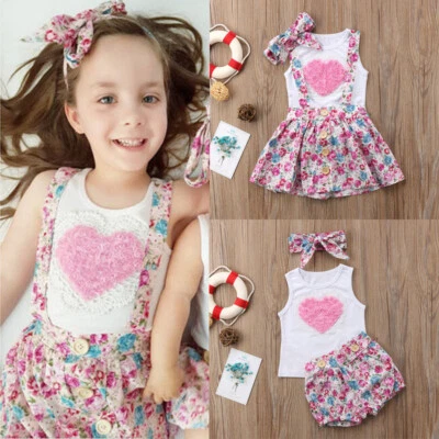 Newborn Baby Girl Outfits Floral Heart Bodysuit Tutu Shorts Dress Clothes Set - Image 1 of 4