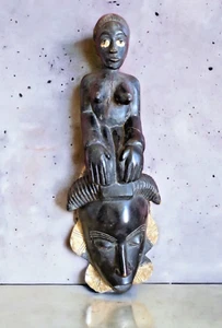 Antique African Ghana Wood Carved Mask with Woman Figure Kneeling top of Head - Picture 1 of 14
