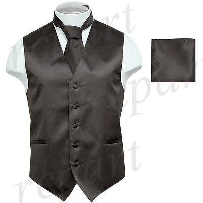 New Brand Q Men's Tuxedo Vest Waistcoat Necktie & Hankie Set Dark Gray Party - Image 1 of 4