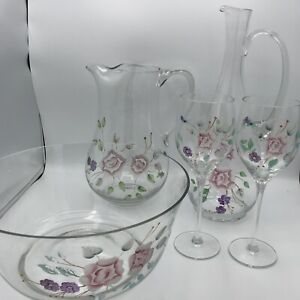 Hand Painted Sangria Set 5 pieces. Decanter, 2 Glasses, Pitcher And Bowl