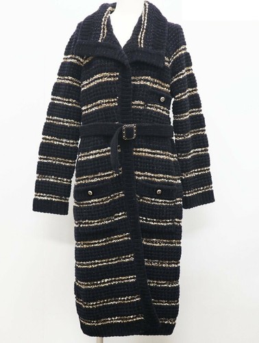 Cappotto CHANEL in maglia di lana con bordo taglia 38 nero oro con cintura abito esterno P64760K60668