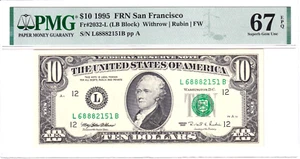 1995 $10 FRN San Francisco PMG Superb Gem Uncirculated 67EPQ #L68882151B - Picture 1 of 2