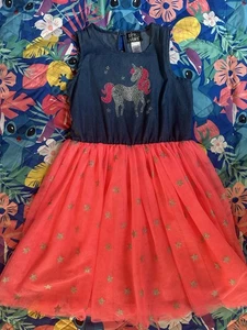 Pink &Violet Girl's Unicorn Blue Denim and Pink With Stars Dress Size 10 - Picture 1 of 3