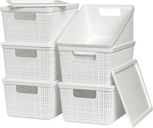 6 Pack Plastic Storage Baskets With Lids,White Breathable Stackable White  - Picture 1 of 7