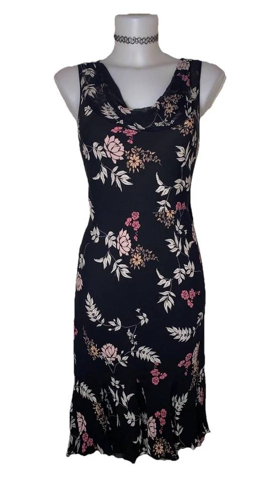 Vestido De Colección Años 90 Para Mujer Negro Seda Floral Capucha Cuello Talla 10 Bruja Grunge Hada Gótico Foto 1 de 4