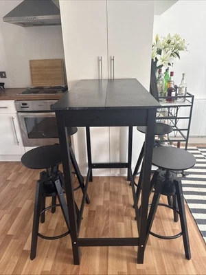Black High Table With 4 IKEA Bar Stools Black - Image 1 of 2