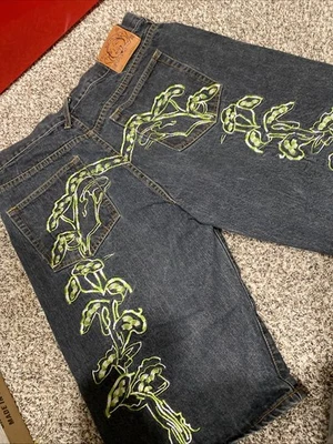 Vintage Evisu Japan Denim Jean Shorts Green  Tree Size 36 Skate Baggy Button Fly - Image 1 of 4