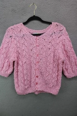 Handmade by Ann Matthews Soft Pink Hand Knitted 3/4 Sleeves Sweater-Button-Up - Image 1 of 4
