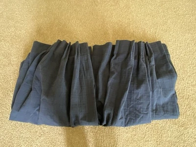 Pinch Pleat Custom Drapes Curtain Pair Navy Lined Weighted Heavy Textured Grid - Image 1 of 4