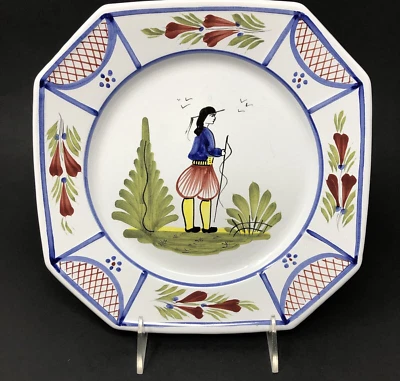 Henriot Quimper Faience Pottery Mistral Blue Luncheon Plate Man Octagonal 9" - Image 1 of 4