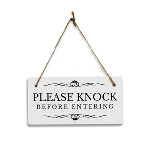 Please Knock Before Entering 5" x 10" Hanging Wall or Door Sign | Rustic Twine - Picture 1 of 6