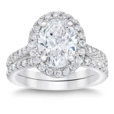 F SI1 Natural 2.00 Tcw Oval Cut w/ Round Cut Halo & Wedding Band Bridal Set 14k - Image 1 of 4