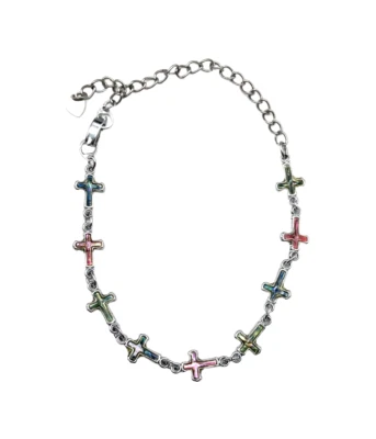 Multicolor Abalone Inlay Cross Link Bracelet or Anklet 10" Religious Silver Tone - Image 1 of 4