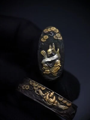 Guindaste japonês tartaruga imortal Fuchi & Kashira para Wakziashi Edo período B075 - Imagem 1 de 4