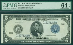 $5.00 FRN – Philadelphia, 1914, Fr. #855C, PMG Grade 64EPQ Choice UNC - Picture 1 of 2