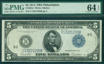$5.00 FRN – Philadelphia, 1914, Fr. #855C, PMG Grade 64EPQ Choice UNC - Image 1 of 2