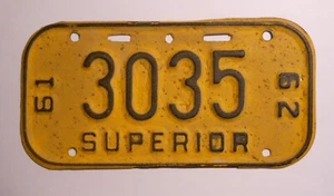 Vintage Wisconsin 1961-62 Superior Fahrrad Nummernschild - Bild 1 von 1