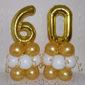 60th BIRTHDAY - AGE 60 - GOLD/ WHITE - FOIL BALLOON DISPLAY - TABLE CENTREPIECE - Picture 1 of 4