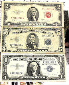 Set of Old Us Paper Money $1 Silver Certificate Uncirculated, $5 1953, $2 1953