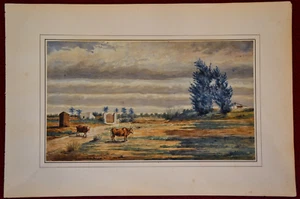 Acuarela,paisaje con toros en el pasto firmado y fechado - Imagen 1 de 4